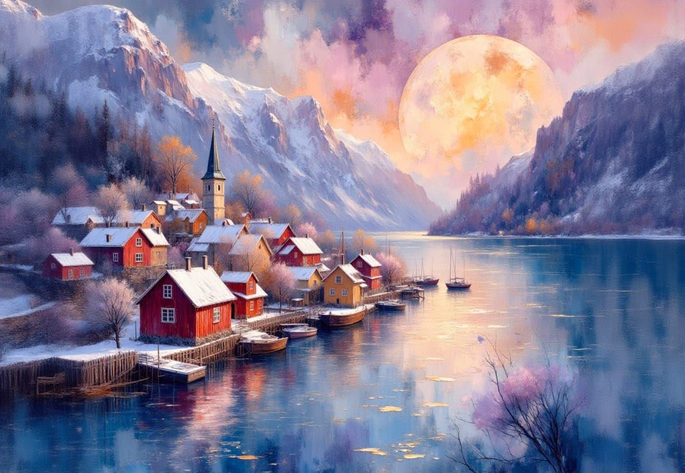 Majestic Norwegian Hamlet in Luminous Impressionist Watercol...