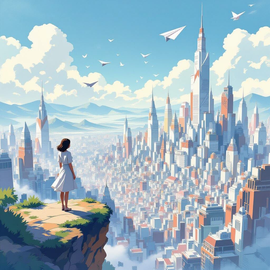 Woman Overlooks Origami Cityscape in Vintage Animation Style