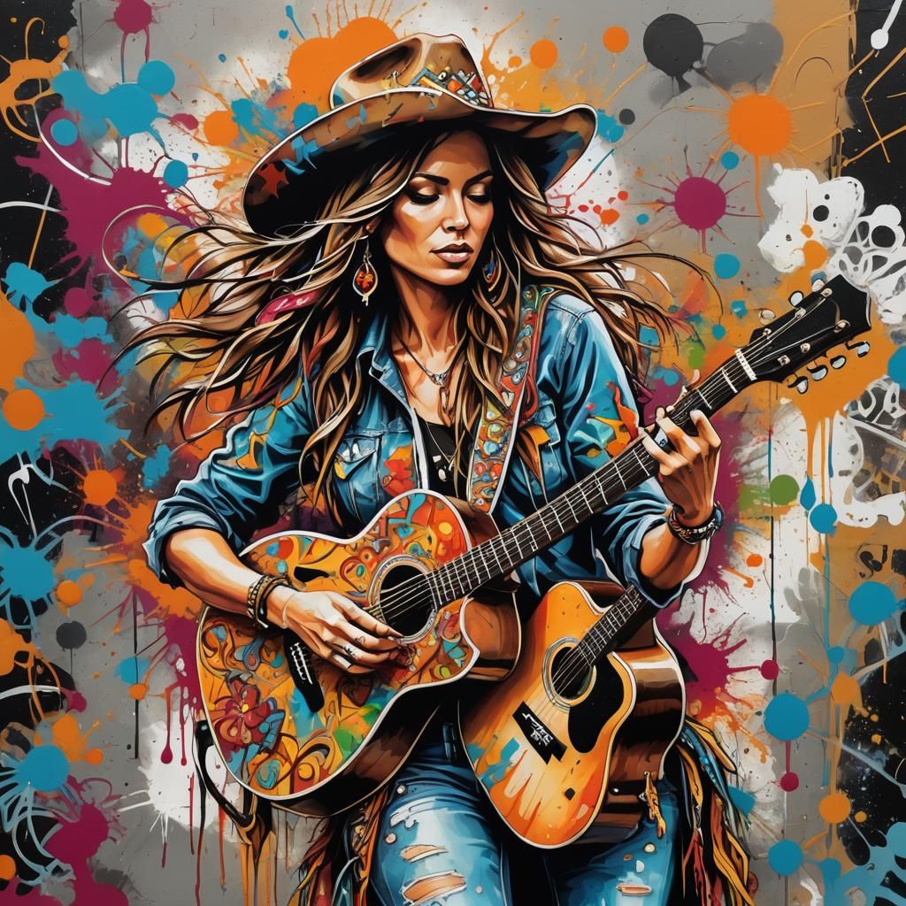 Boho Cowgirl Playing Guitar in Graffiti Art Style