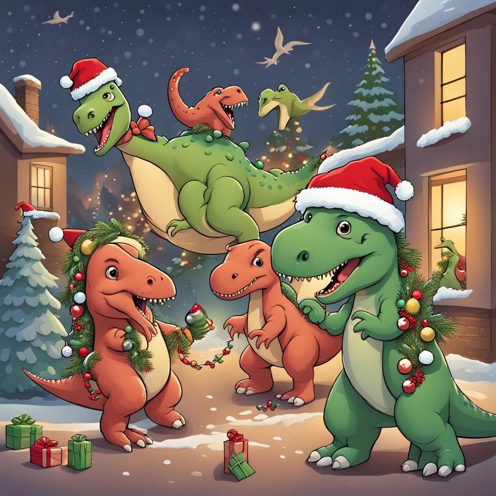Dinosaurs Celebrating Christmas