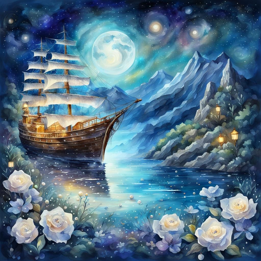Shining Ship Under Starry Sky in Watercolor Style