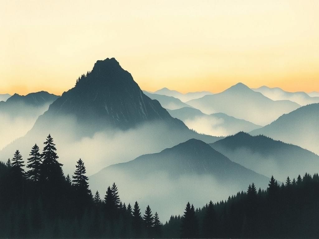 Misty Mountain Landscape in Watercolor Style