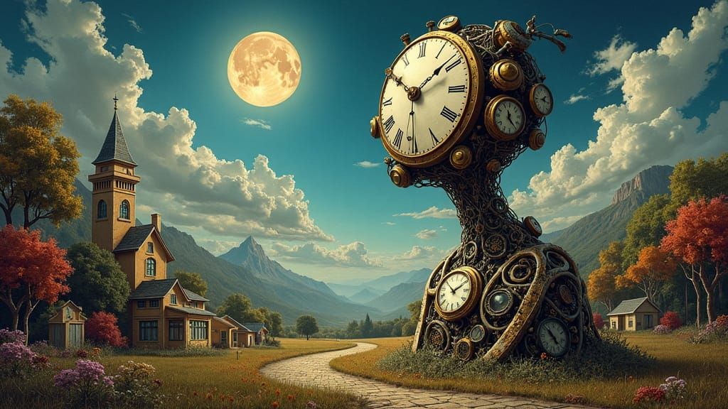 Clockwork Humanoid in Surreal Steampunk Landscape