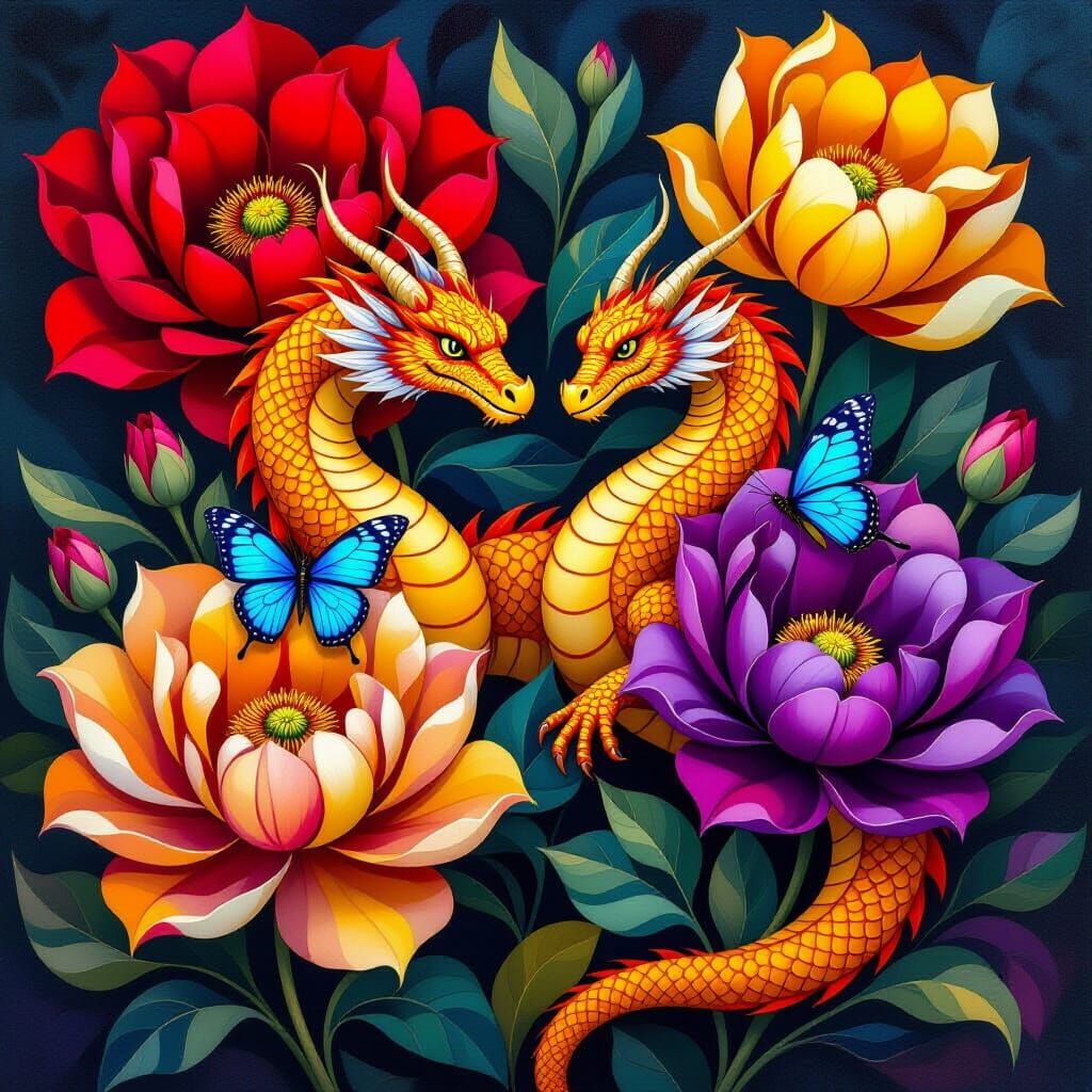 Dragon Amongst Flowers in Georgia O'Keeffe Style