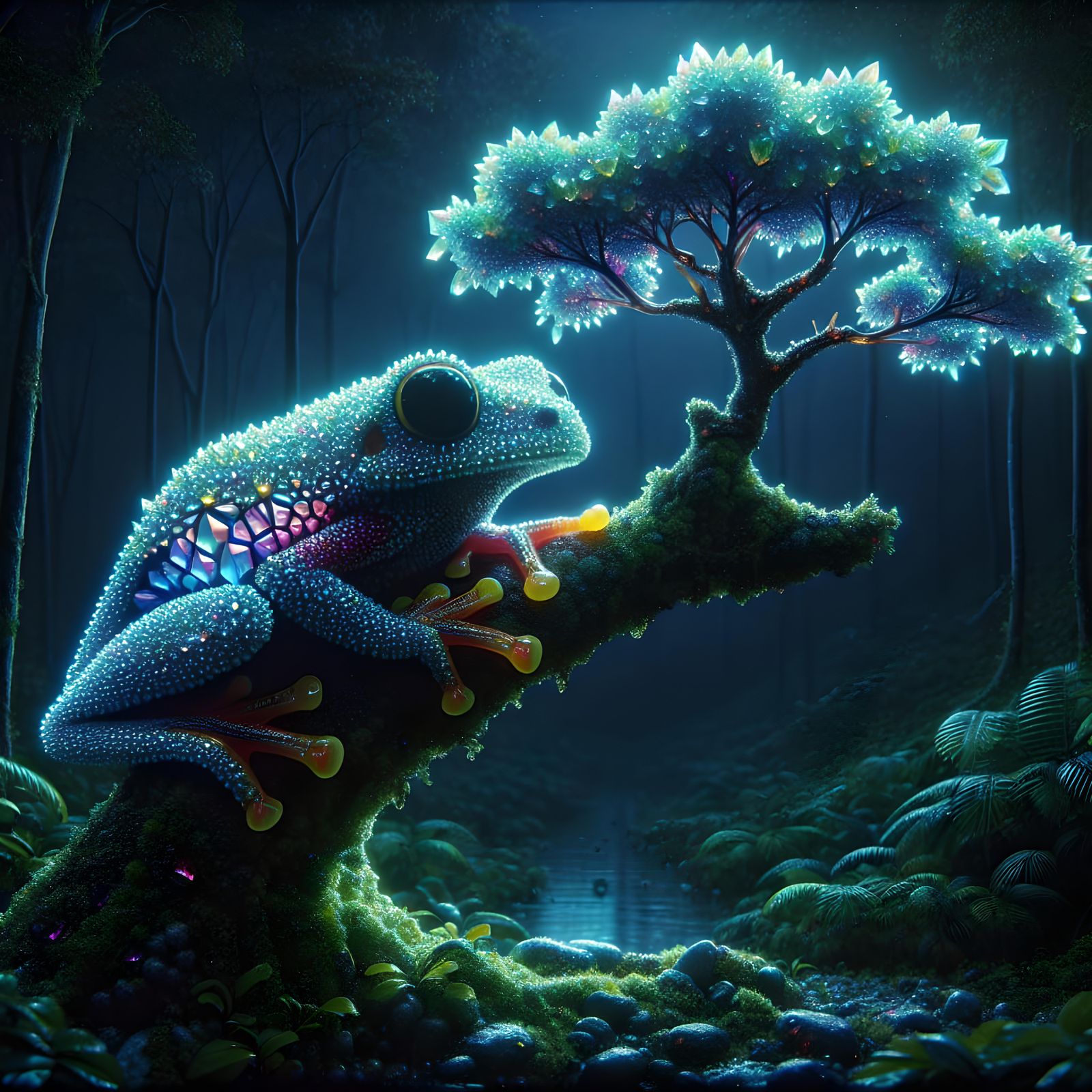 Crystalline Frog in Fluorescent Rainforest, Macro Photograph