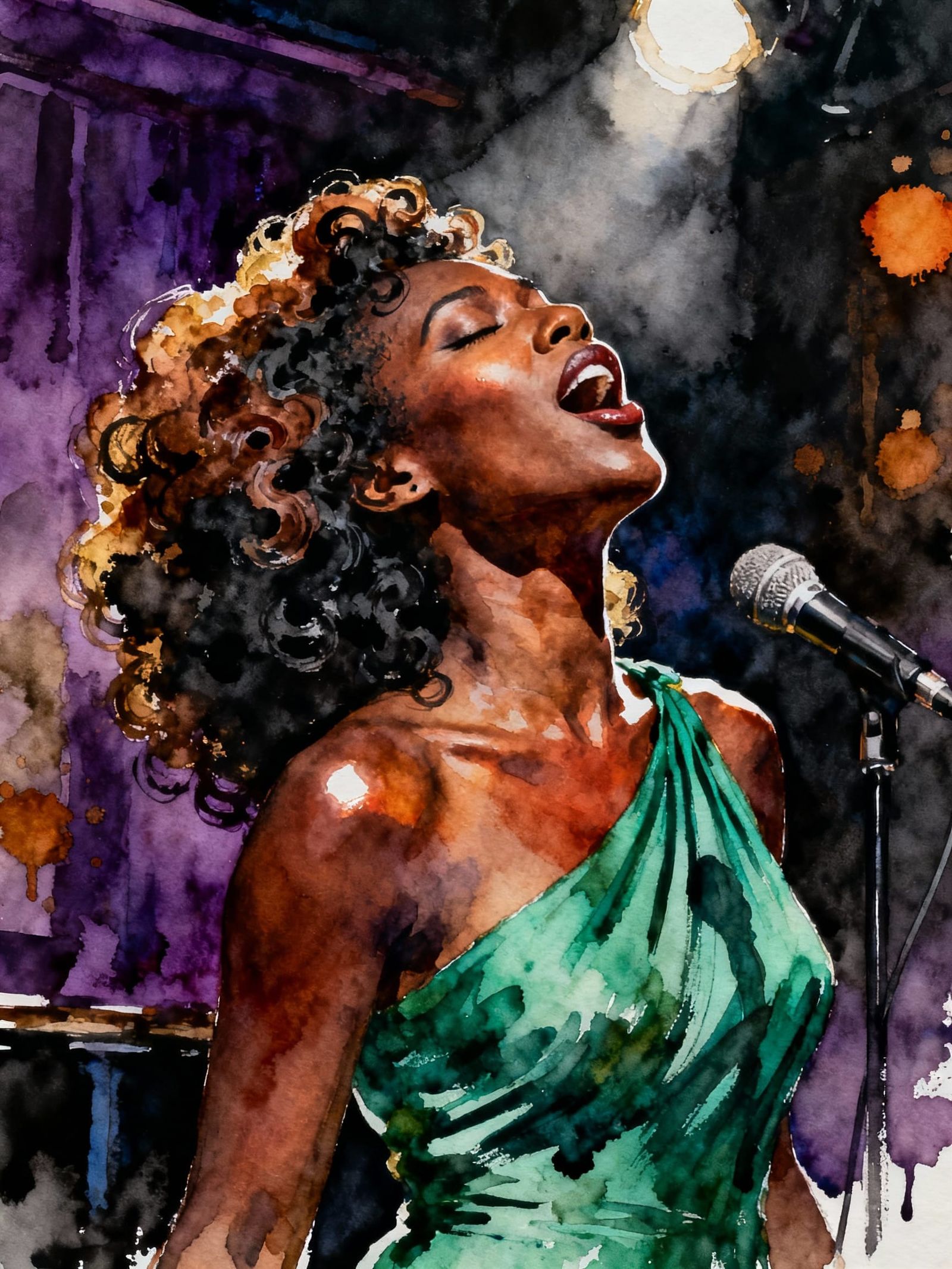 Jazz Singer in Dynamic Watercolor Portrait