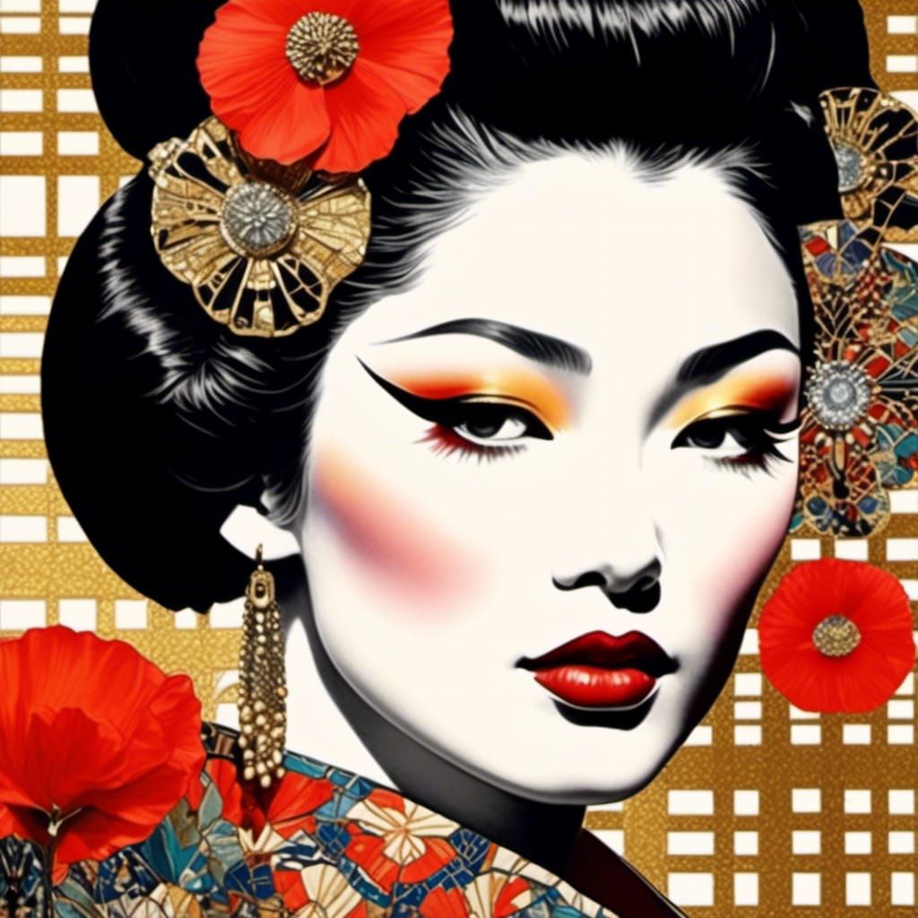 Geisha Girl Portrait in Bohemian Psychedelic Style