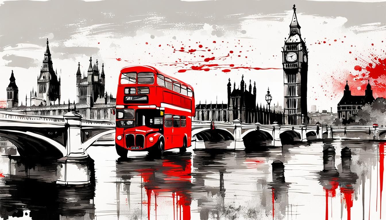 London Skyline in Japanese Ink Wash Style