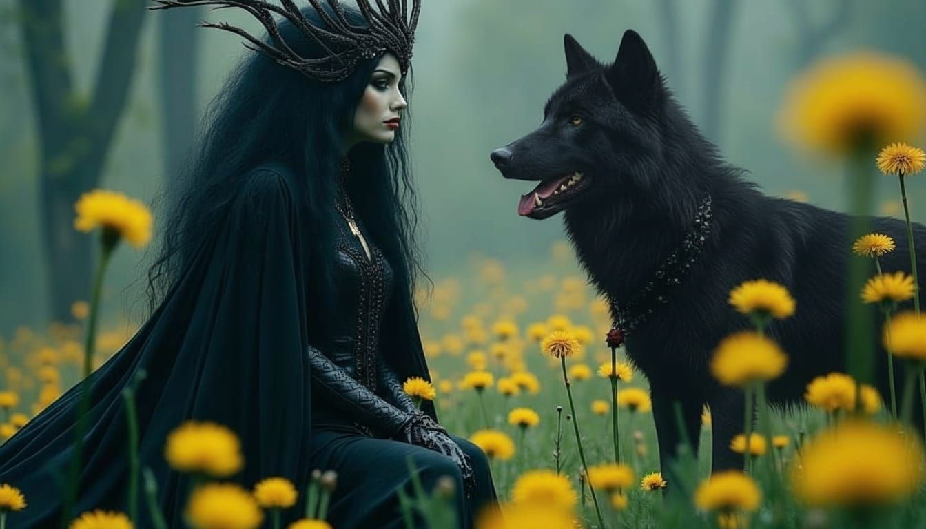 Dark Queen and Wolfhound in Eerie Gothic Forest