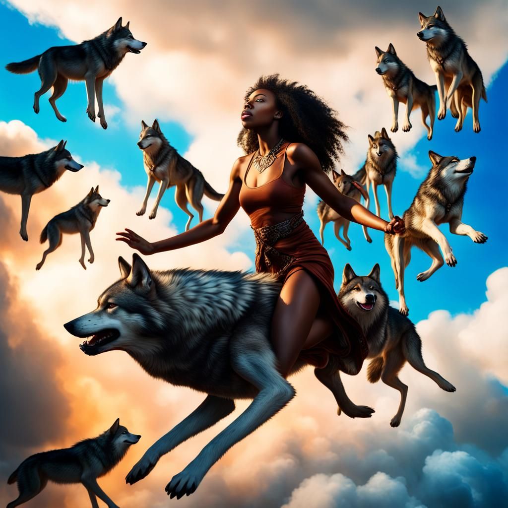 Woman Flying with Wolves: Hyperrealistic Fantasy Art