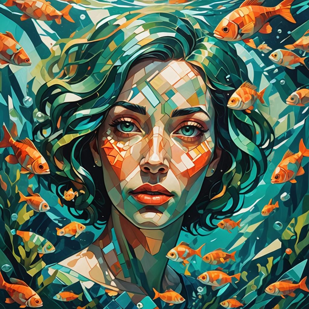 Cubist Woman Underwater with Geometric Shapes