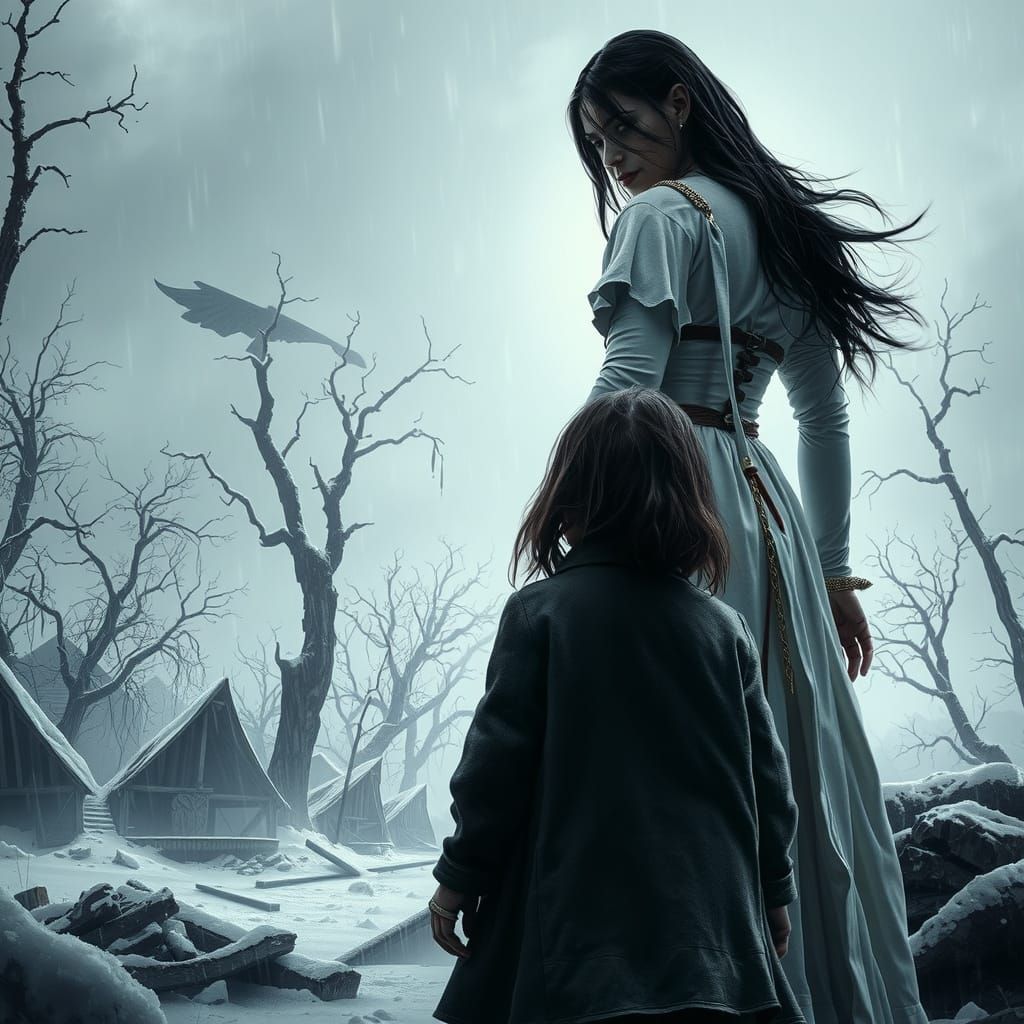 Menacing Woman Warrior in Post-Apocalyptic Winter