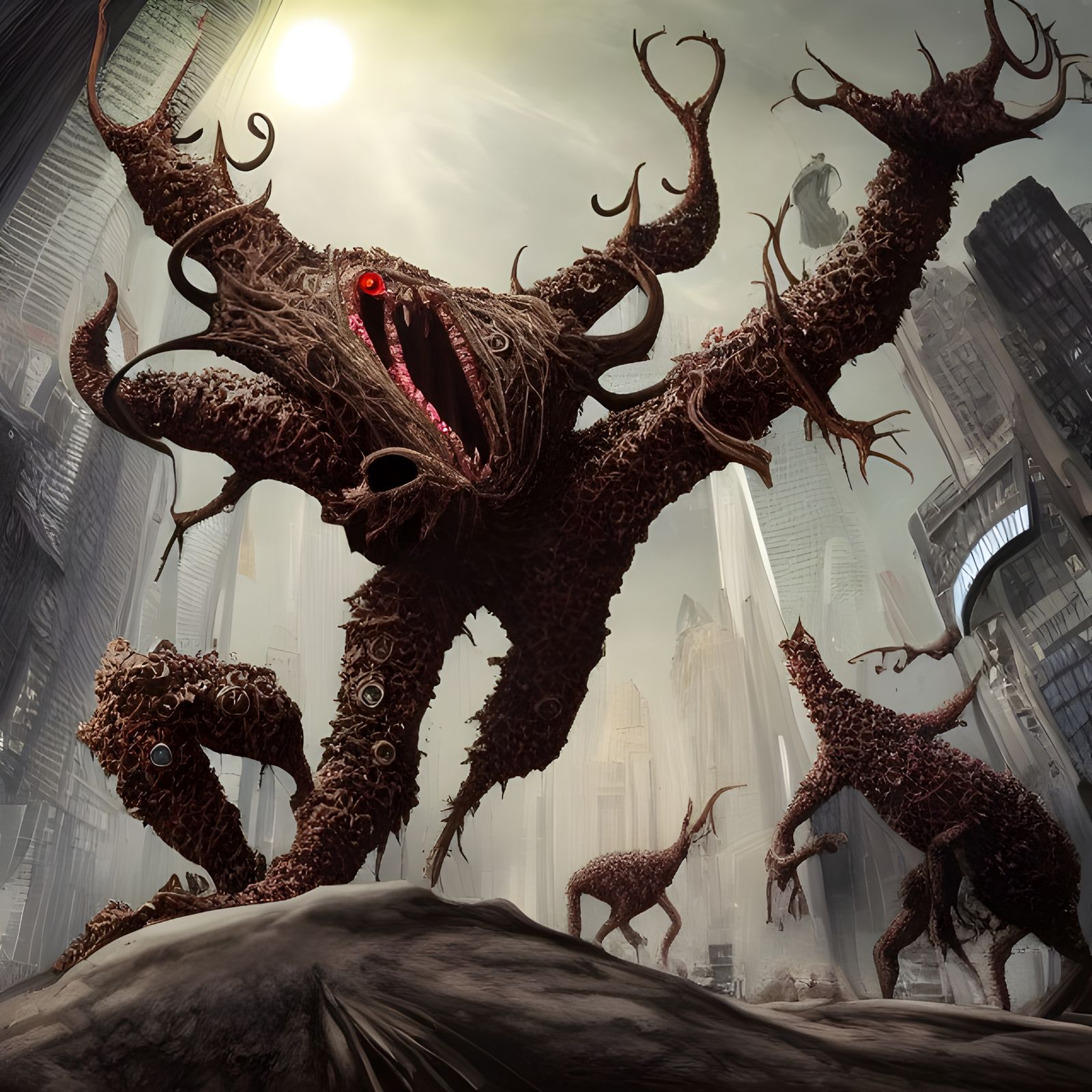 Futuristic Cityscape with Bizarre Creatures in Contre-Jour