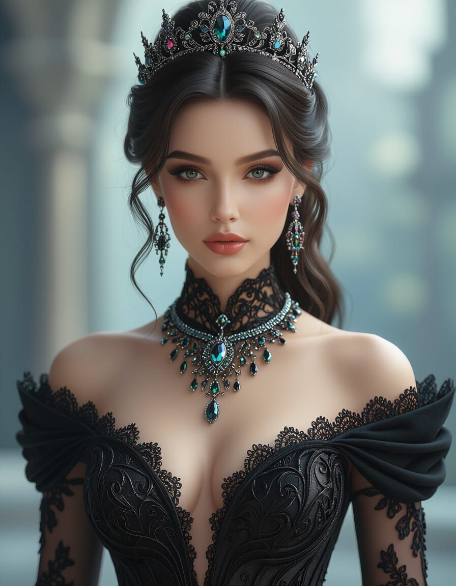 Woman in Intricate Black Dress with Futuristic Jewelry