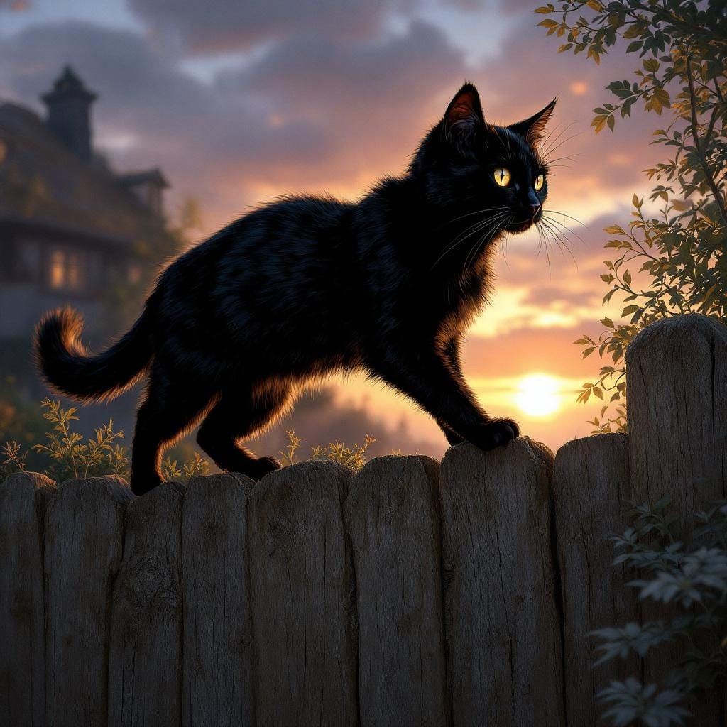 Black Cat on Cottage Fence: Frazetta-Inspired Art