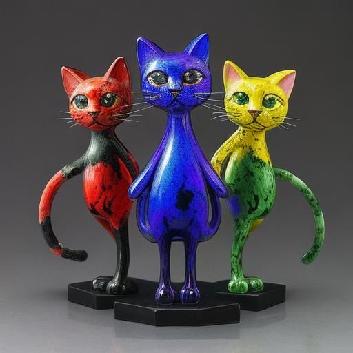 Enameled Cats Figurine in Chagall and Rothko Style