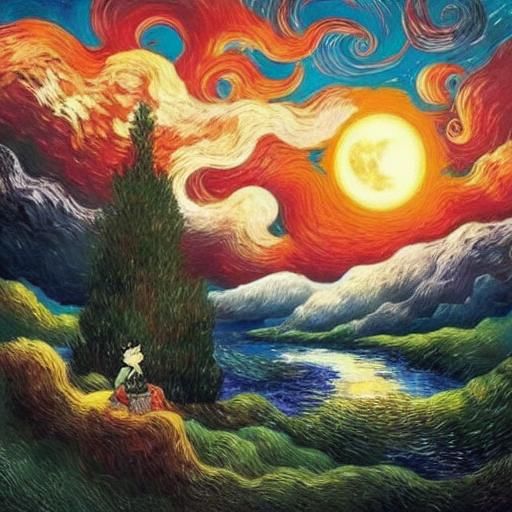 Mythological Moonlit Dreamscape in Vintage Storybook Style