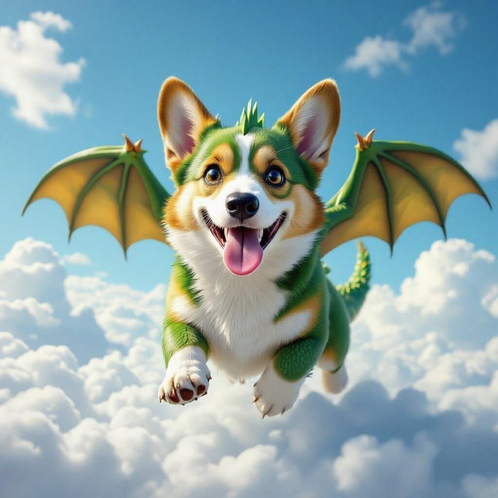 Playful Green Dragon Corgi Flies Through Clouds