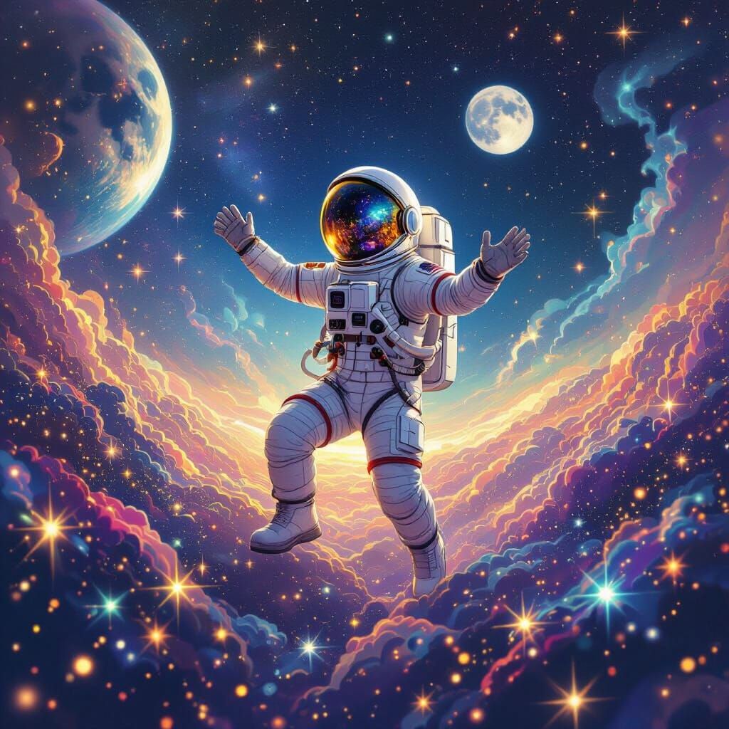 Astronaut Leaping Through Vibrant Star Field