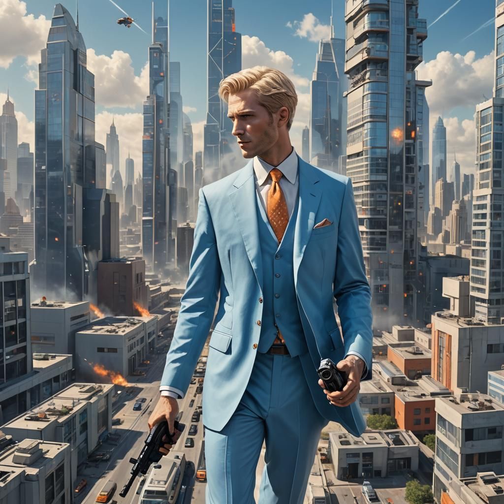 Man with Ray Gun in Sci-Fi City