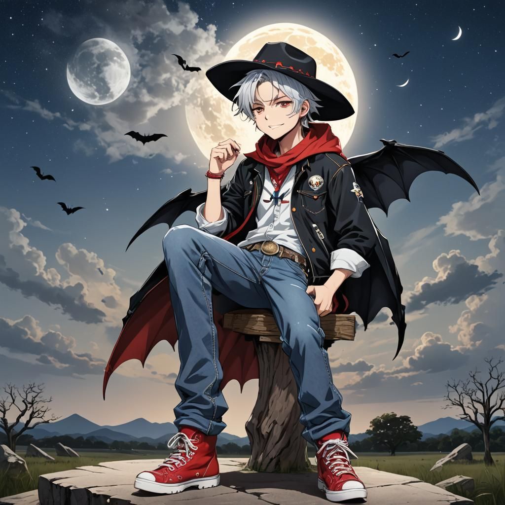 Anime Bat Boy Staring at Moon in Cowboy Outfit
