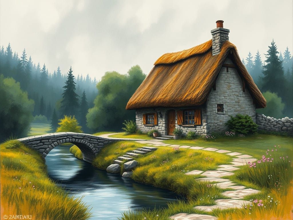 Stone House Amidst a Lush Forest in a Dark Fantasy Landscape