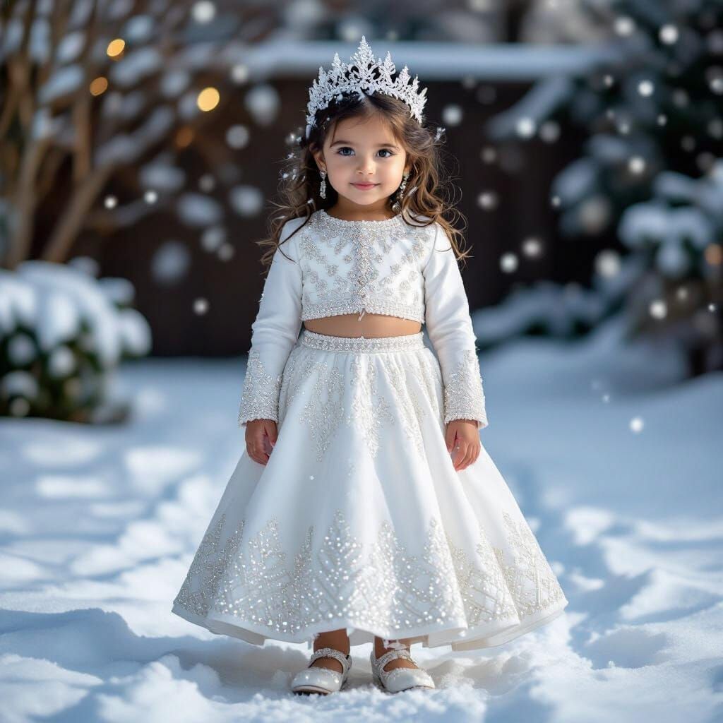 Little Girl in Diamond Lehenga in Snowy Backyard
