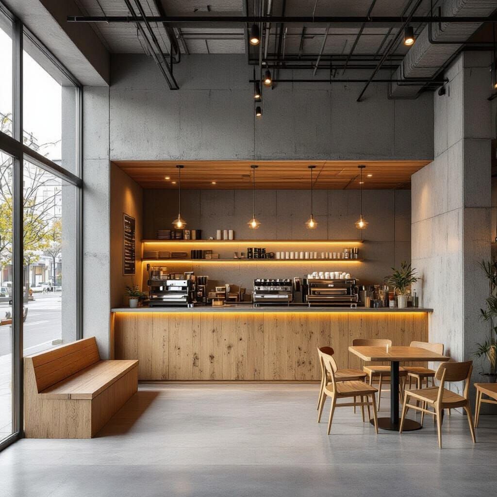 Modern Industrial Cafe with Concrete and Wood Accents