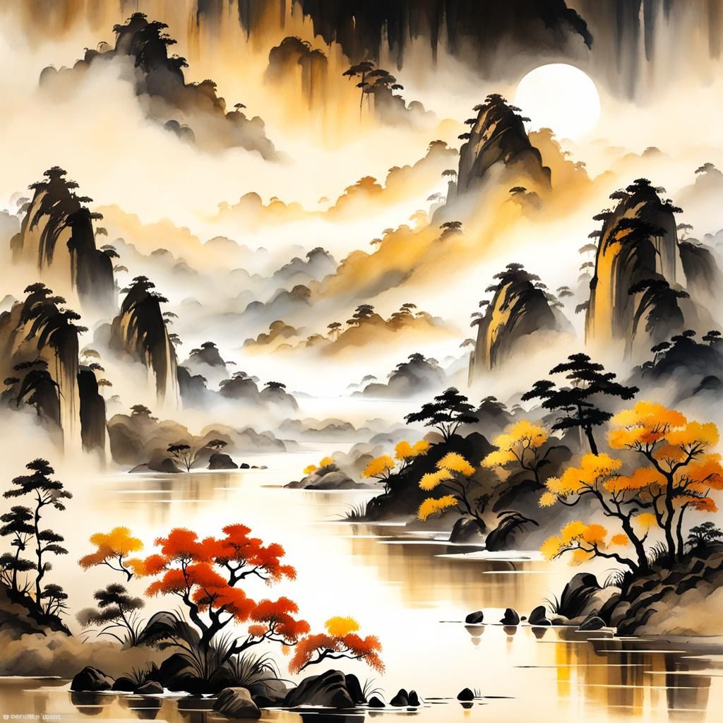 Muted Chinese Ink Painting of Flowing Rivers