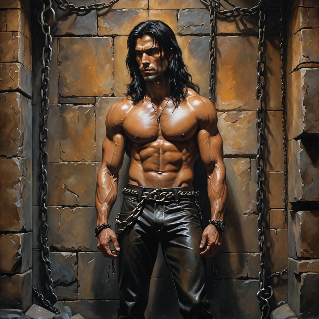 Muscular Man in Stone Chamber: Oil Painting