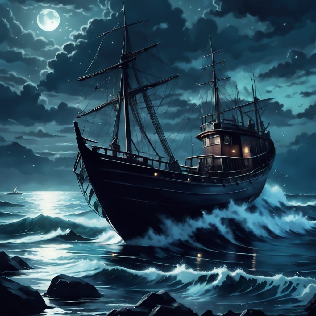 Dark Siren with Lyre During Stormy Night