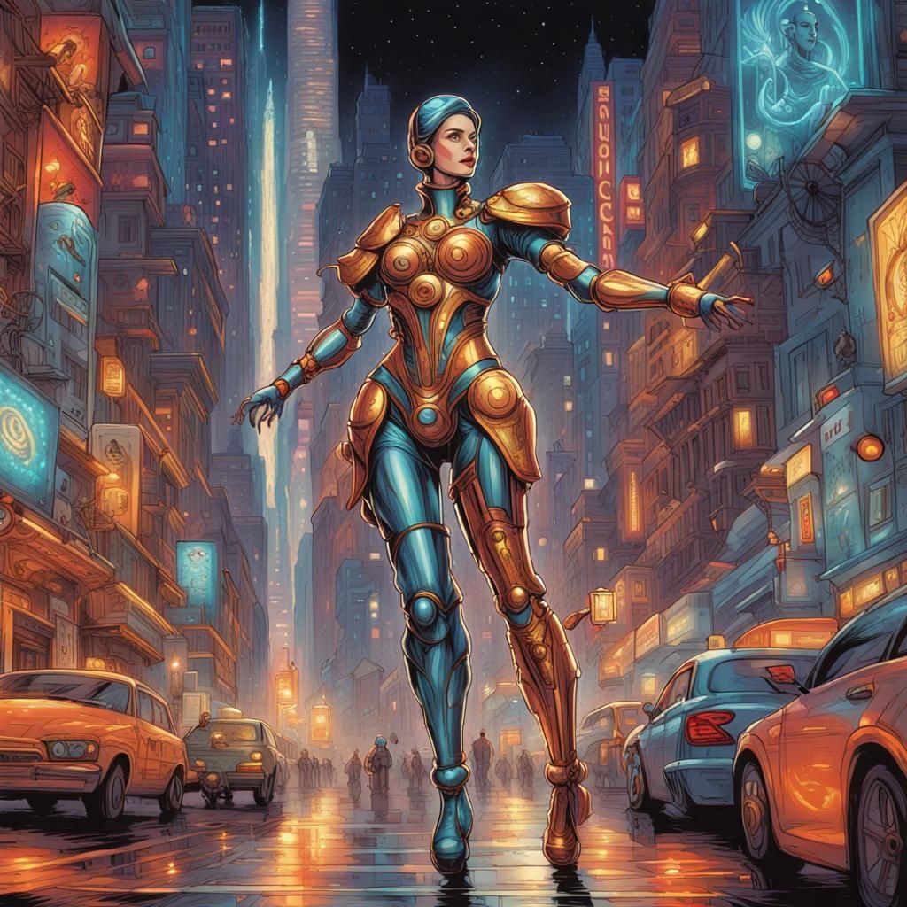 Elegant AI Robots Roaming City Streets: Comic Book Art