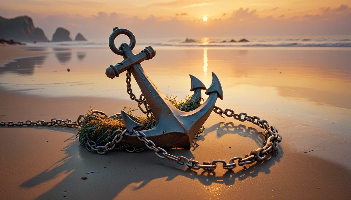 Dreamlike Anchor on Misty Beach in Soft Velvet Surrealism