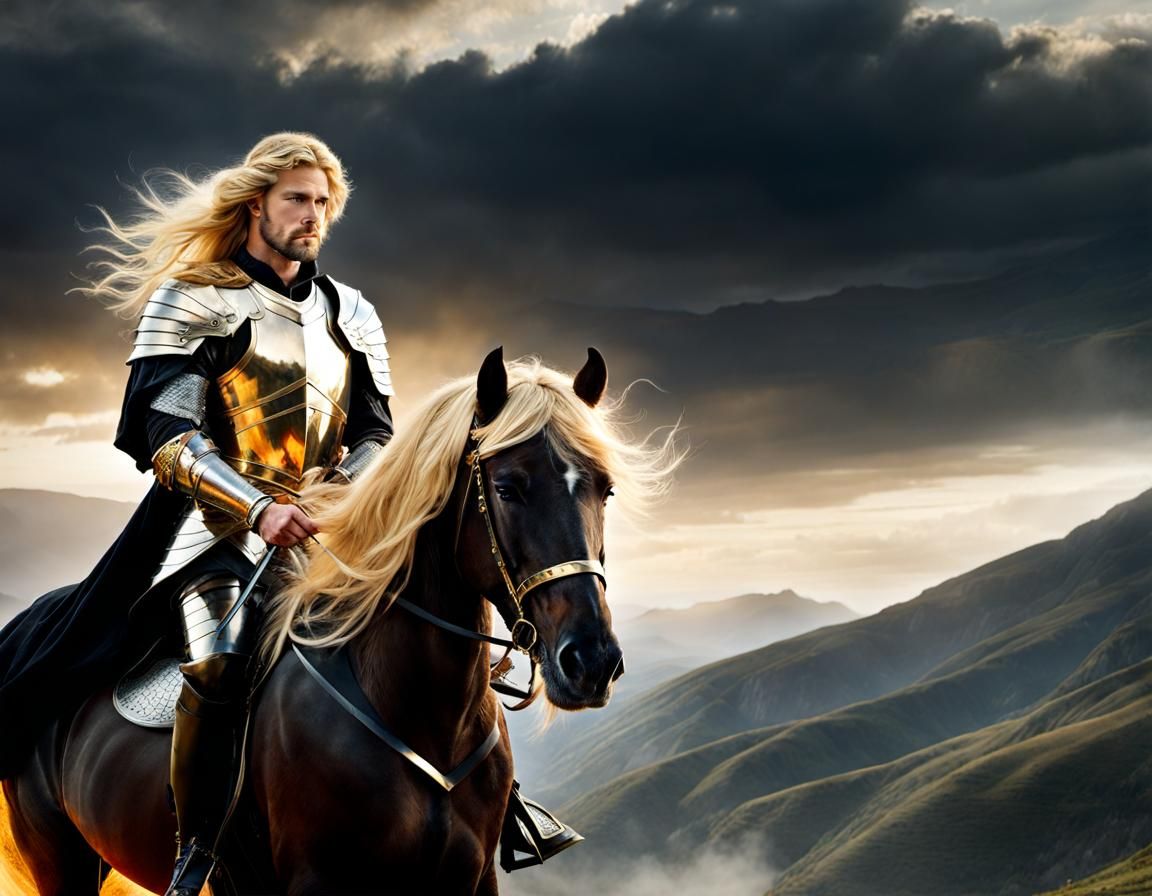 Armored Man on Horse with Flaming Sword