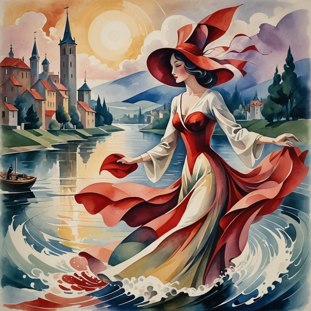 Witch Gliding on Water in Watercolor Style