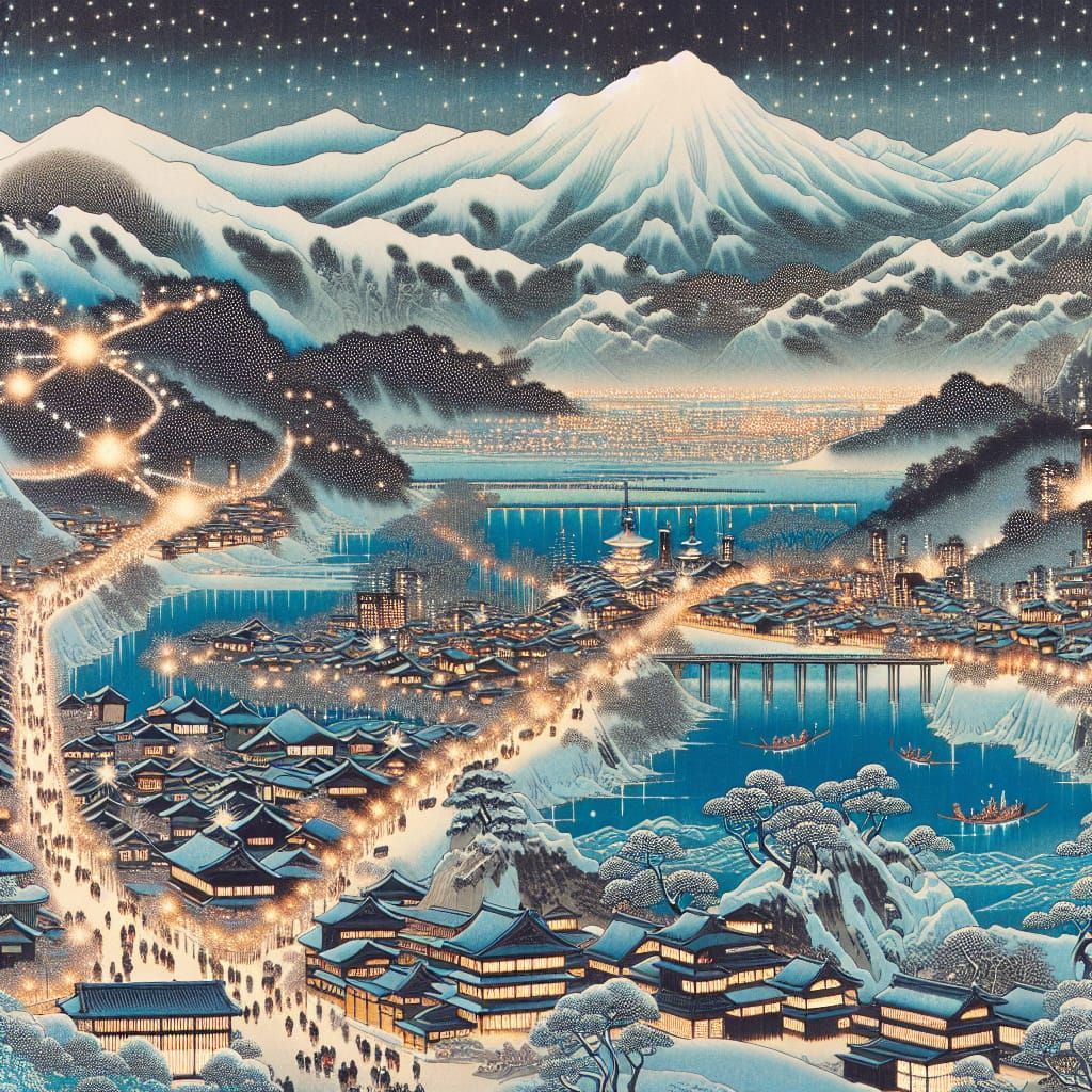 Snowy Japanese Cityscape in Ukiyo-e Style