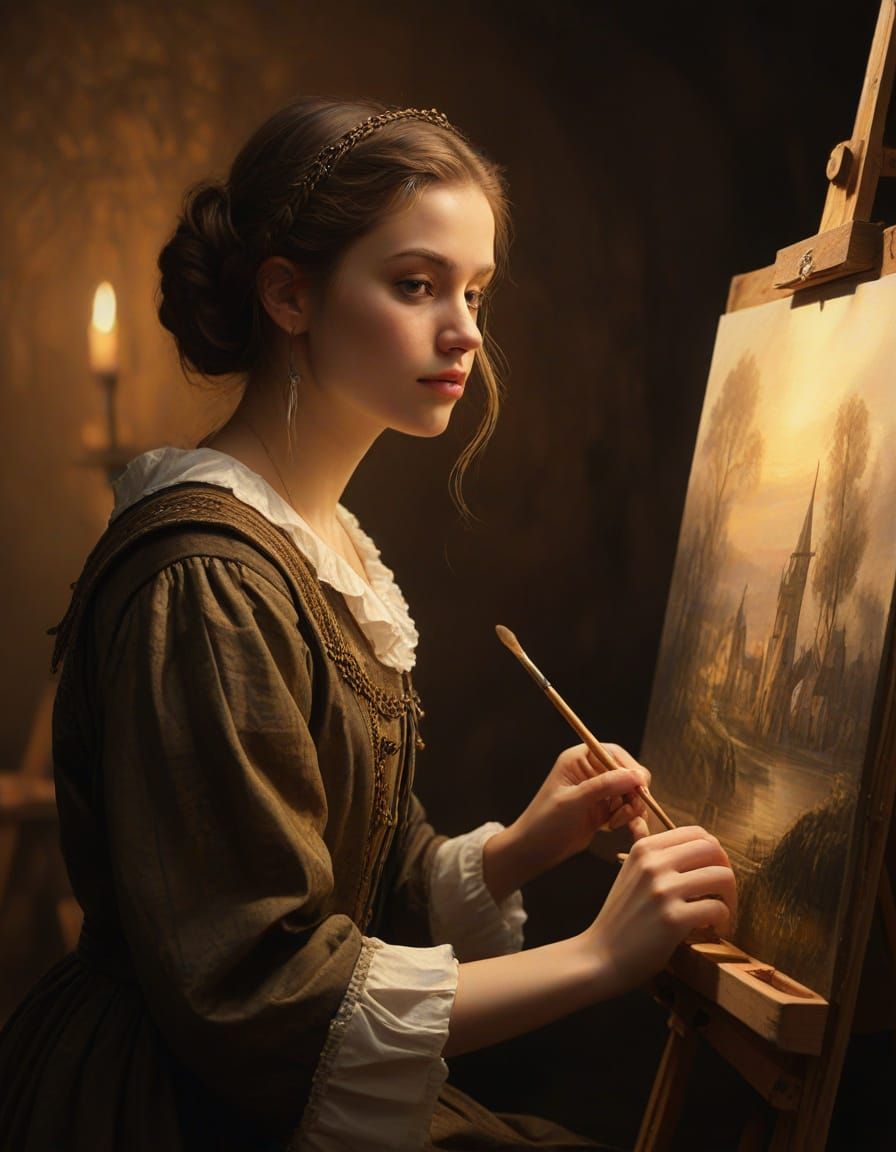 Medieval Girl Painting in Rembrandt Style