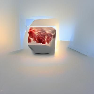 Floating Meat Cube in White Room