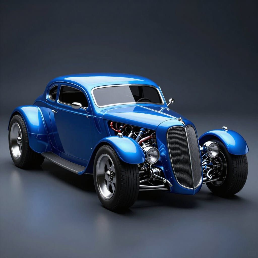 Futuristic Blue Hot Rod Gleaming Under Dramatic Lighting