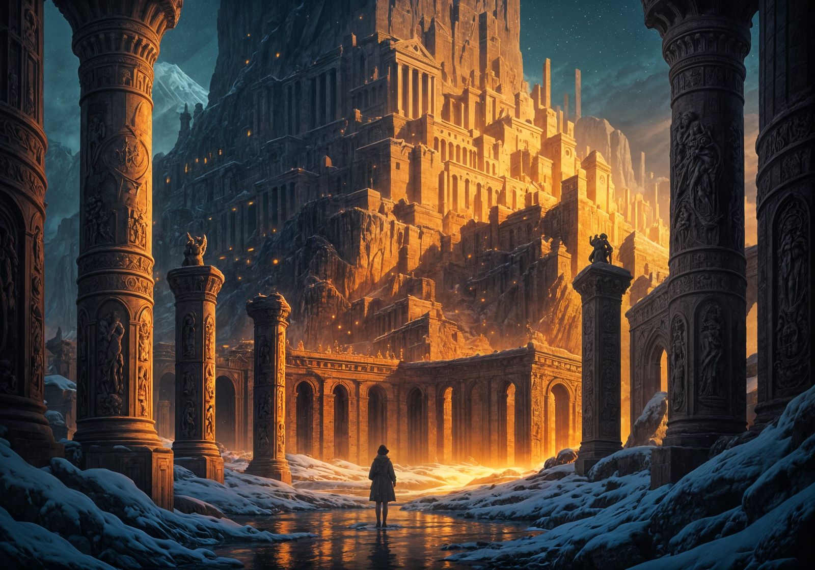 Snowy Cityscape at Night in Studio Ghibli Style