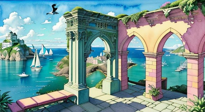 Seaside Geometric Vista in Comic Book Style