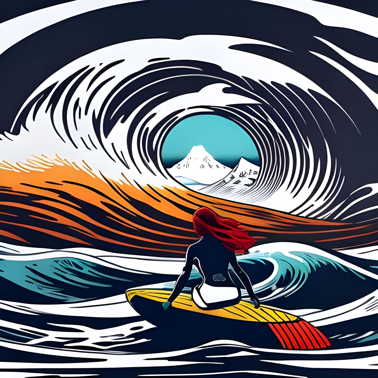 Surfer Rides Wave in Japan, Hokusai Mountainscape