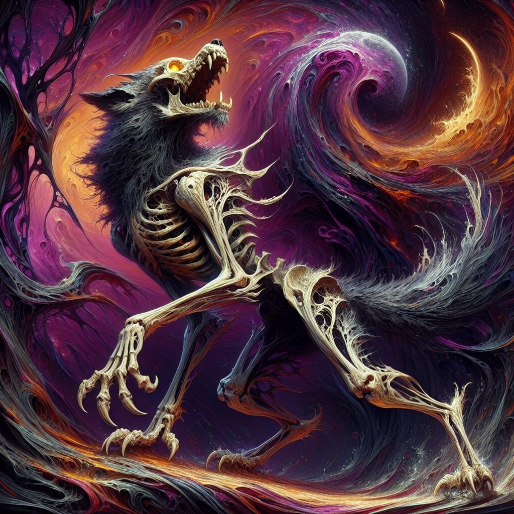 Fantastical Skeleton Werewolf Howling in the Night