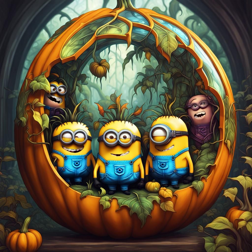 minions gang  in the jungle carved in a transparent stained glass pumpkin