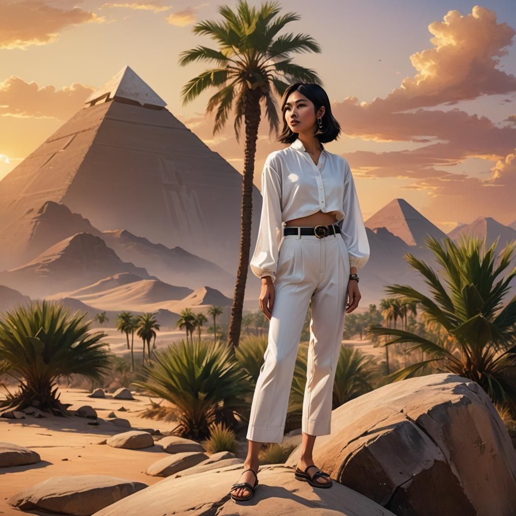 Asian Woman on Desert Boulder, Fantasy Concept Art