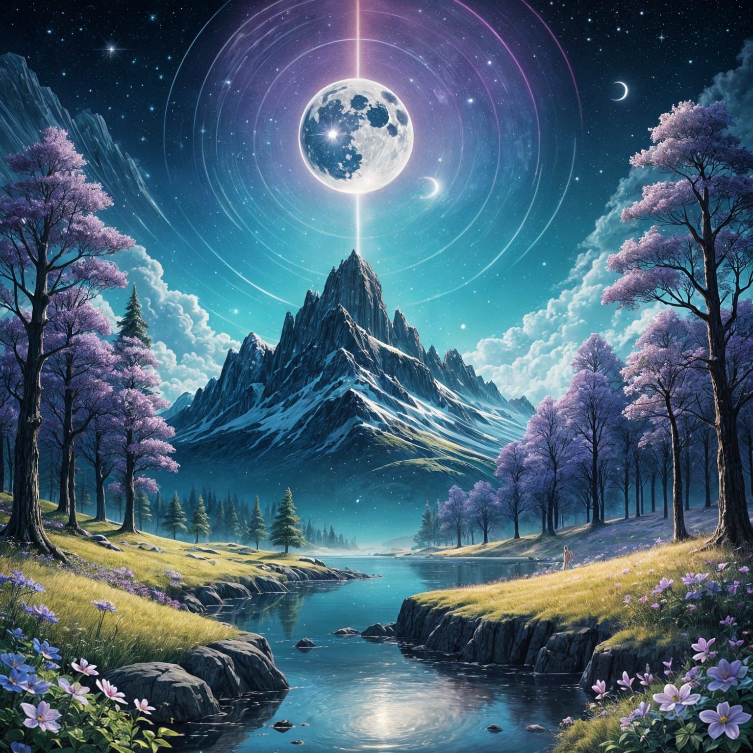 Ethereal Cosmic Landscape with Iridescent Moons and Luminous...
