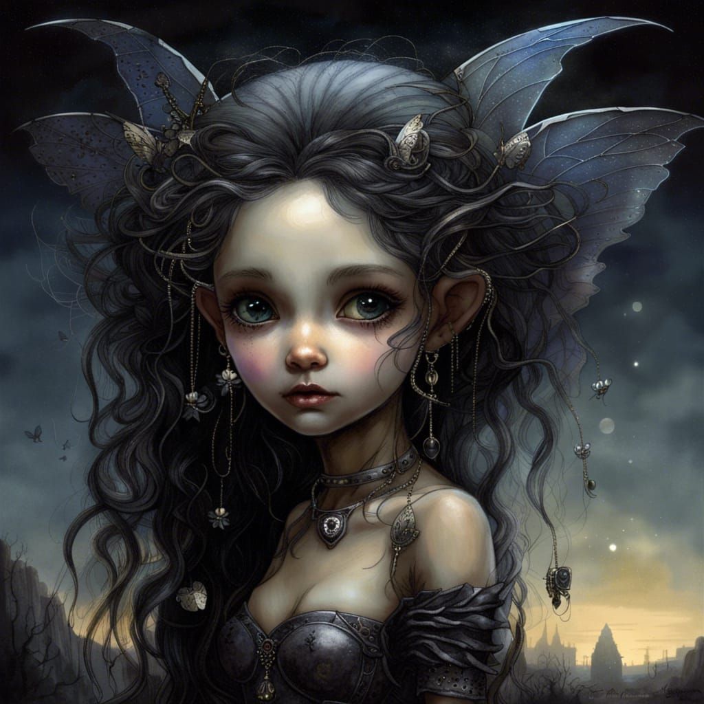 Dark Moon Fairy with Magic Sky, Fantasy Art