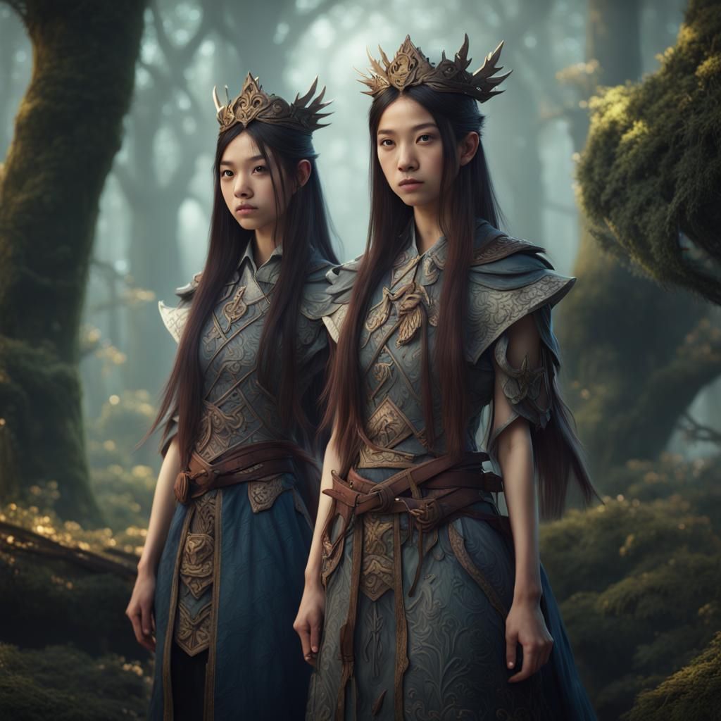 Asian Twin Princesses in Woodland Fantasy Art
