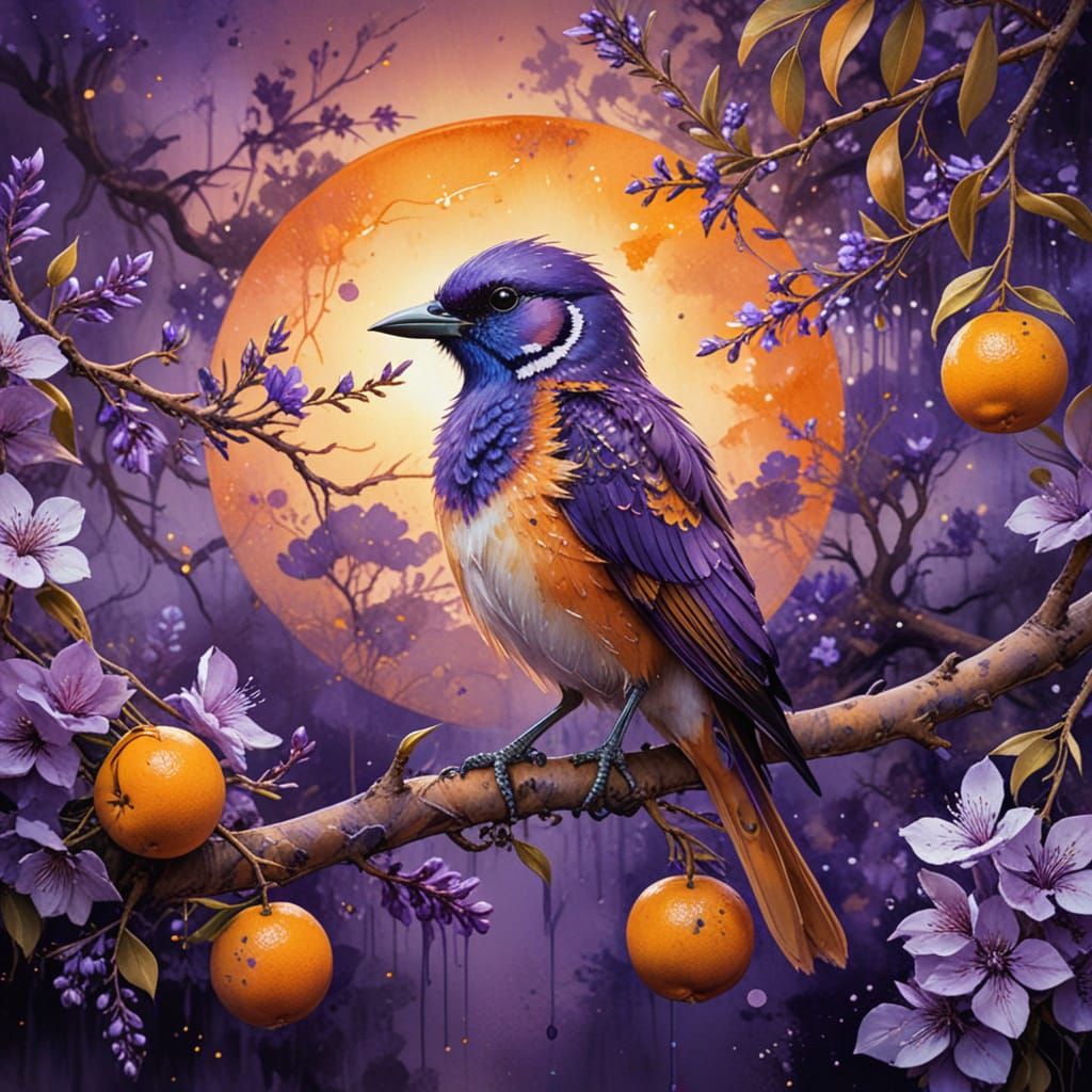 Fantasy Bird Sits Amongst Vibrant Orange Blooms in Dreamy Wa...