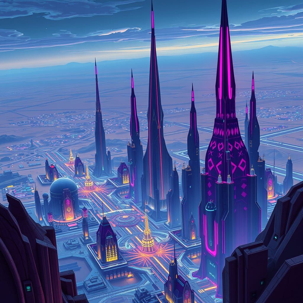 Futuristic Arkanis Cityscape in Cyberpunk Style